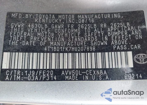 2017 Toyota Camry Hybrid Le из США, поврежденный, VIN 4T1BD1FK7HU207898